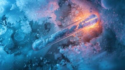 Glowing test tube amidst ice crystals and snowflakes representing scientific research in extreme cold temperatures. Advanced science and technology research. - obrazy, fototapety, plakaty