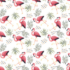 Pink flamingos and palm leaves. Watercolor illustration. seamless pattern on a light background