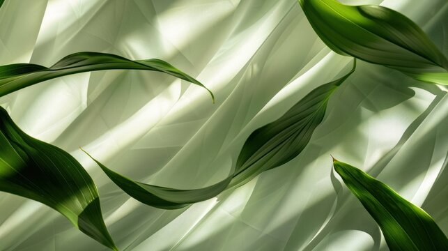 Green leaves casting shadows on white surface creating natural pattern. Abstract nature background and texture with copyspace. Environmental conservation and botany.