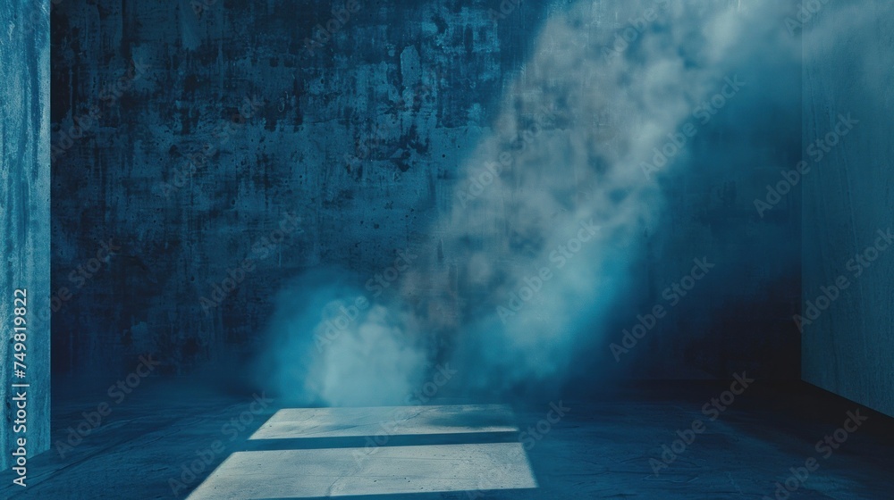 Aufkleber mysterious atmosphere in empty room with blue lighting and rising smoke, creating suspenseful and en