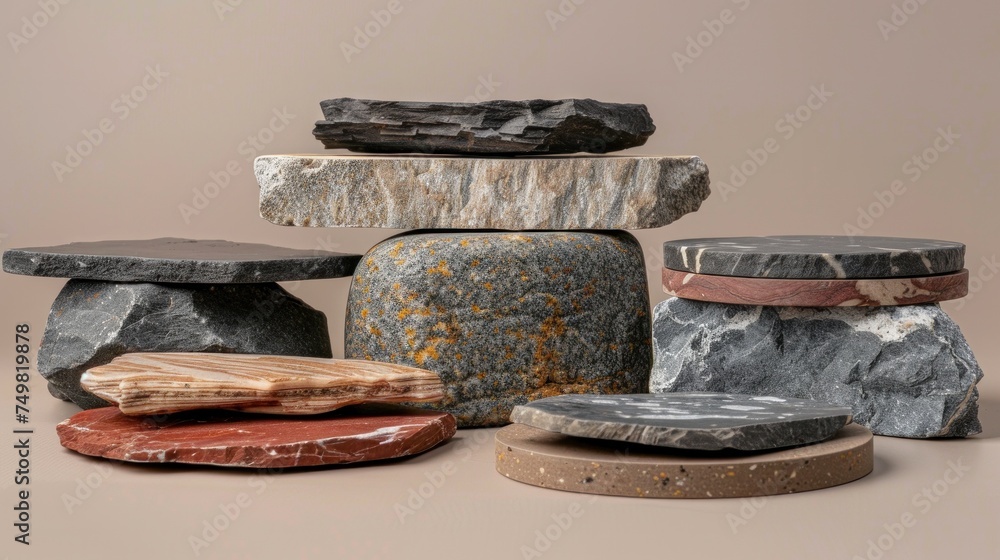 Poster varied collection of polished stone slabs displaying unique geological patterns and textures, artist