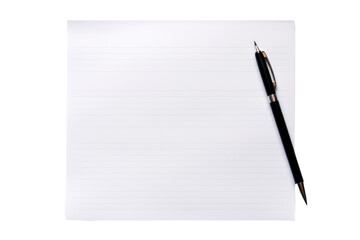 Notepad With Pen. A plain notepad with lines is lying on a flat surface. Resting on top of it is a...