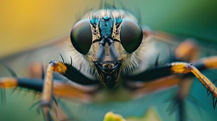 Close-up of Robber Fly with detailed compound eyes in natural habitat, showcasing entomology and wildlife diversity.