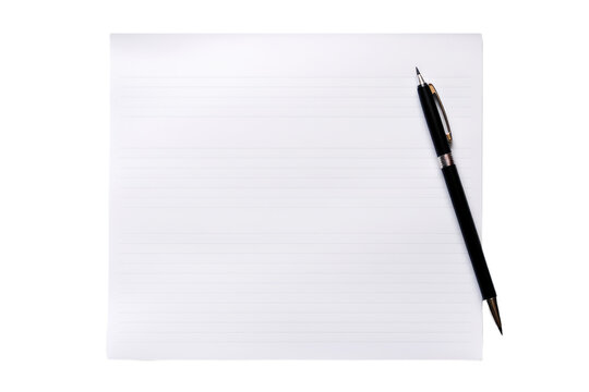 Notepad With Pen. A plain notepad with lines is lying on a flat surface. Resting on top of it is a simple pen ready to jot down notes or sketches. on White or PNG Transparent Background.