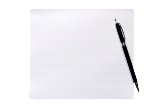 Notepad With Pen. A plain notepad with lines is lying on a flat surface. Resting on top of it is a simple pen ready to jot down notes or sketches. on White or PNG Transparent Background.