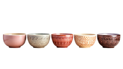 Set of Five Bowls Arranged in a Row. Five bowls made of ceramic or other material are placed next to each other in a straight line. The bowl vary in size shape and color creating a interesting design.