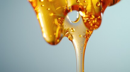 Naklejka premium Golden honey pouring from spoon with honey drops and flow, detailed close-up view on neutral background. Natural sweetener and healthy food ingredient.