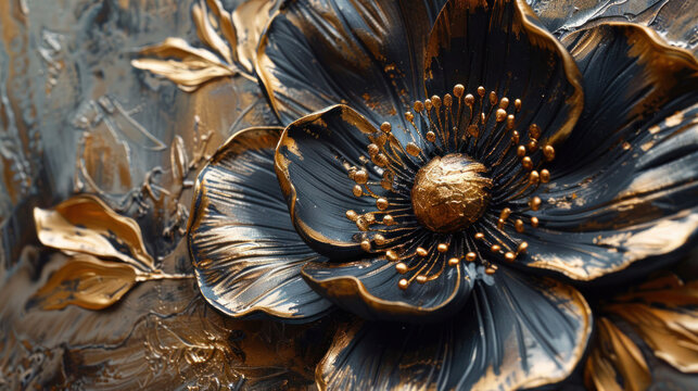 Beautiful spring  black and gold flower with golden leaves on decorative background as wallpaper illustration, Elegant Black Gold Flower
