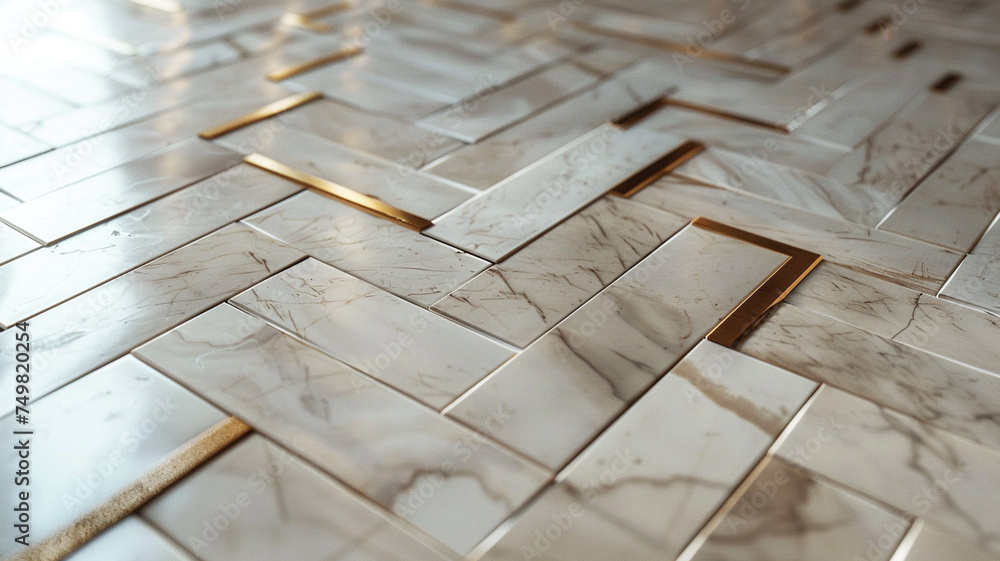 Poster a uhd capture of a minimalist floor design featuring sleek marble tiles arranged in a herringbone pa