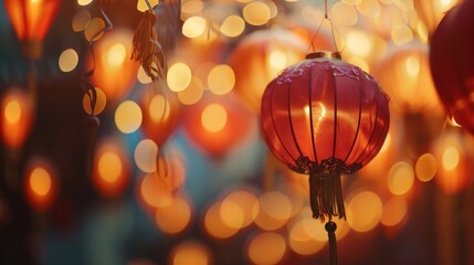 Traditional red lanterns glowing against backdrop of golden bokeh lights, symbolizing festive...