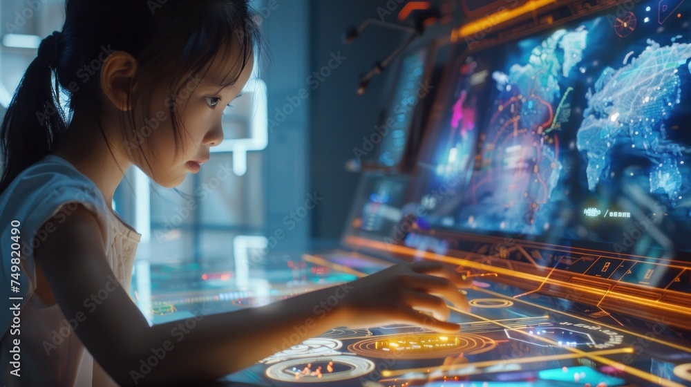 Poster young girl engaging with advanced interactive display technology. educational and futuristic interfa