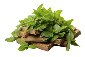 Pile of Fresh Mint Leaves. A collection of vibrant fragrant mint leaves tightly stacked on a clean white surface. The leaves appear freshly picked with a bright green color and a distinct minty aroma.