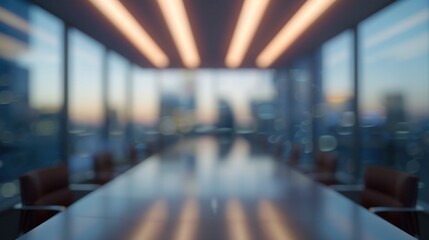 Modern corporate office with blurred view of confident business leader standing at end of well-lit conference room table preparing for meeting. Professional workplace environment. - obrazy, fototapety, plakaty
