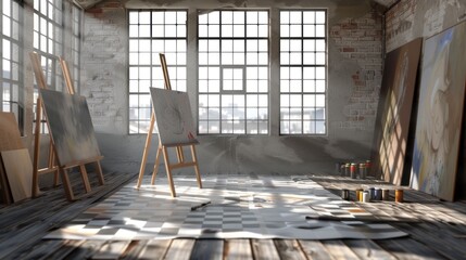 Sunlit spacious art studio interior with easels and blank canvases ready for artist's creativity to come to life. Creativity and art workspace atmosphere.