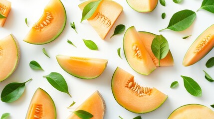 Fresh cantaloupe melon slices arranged with green leaves on white background. Summer fruit composition for healthy eating and nutrition. - obrazy, fototapety, plakaty