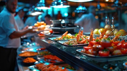 Gourmet buffet with array of delicious and colorful dishes served at luxury event. Catering and hospitality at social gatherings.
