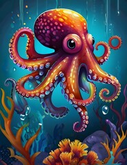 Colorful Octopus underwater wallpaper illustration Generative AI