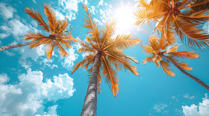 Bottom view of tropical palm trees on the seashore on an island, sunny day - obrazy, fototapety, plakaty