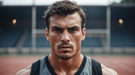 Portrait of a serious sweaty fearless athlete french man looking at the camera from Generative AI