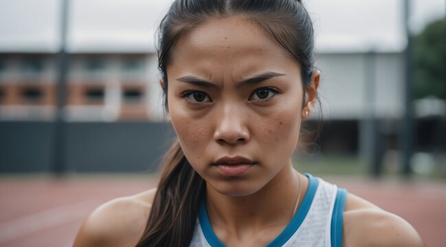 Portrait of a serious sweaty fearless athlete filipina woman looking at the camera from Generative AI