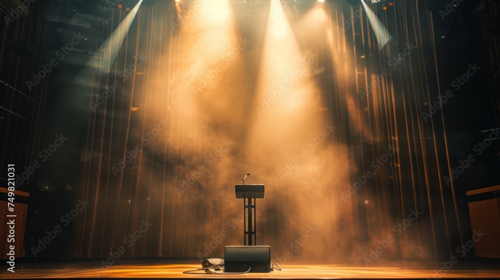 Aufkleber illuminated empty stage with microphone and laptop during rehearsal in modern theater. performance a