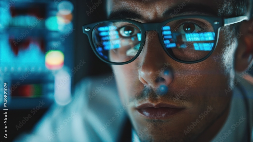 Poster focused technology professional analyzing data on multiple computer screens with reflections on glas