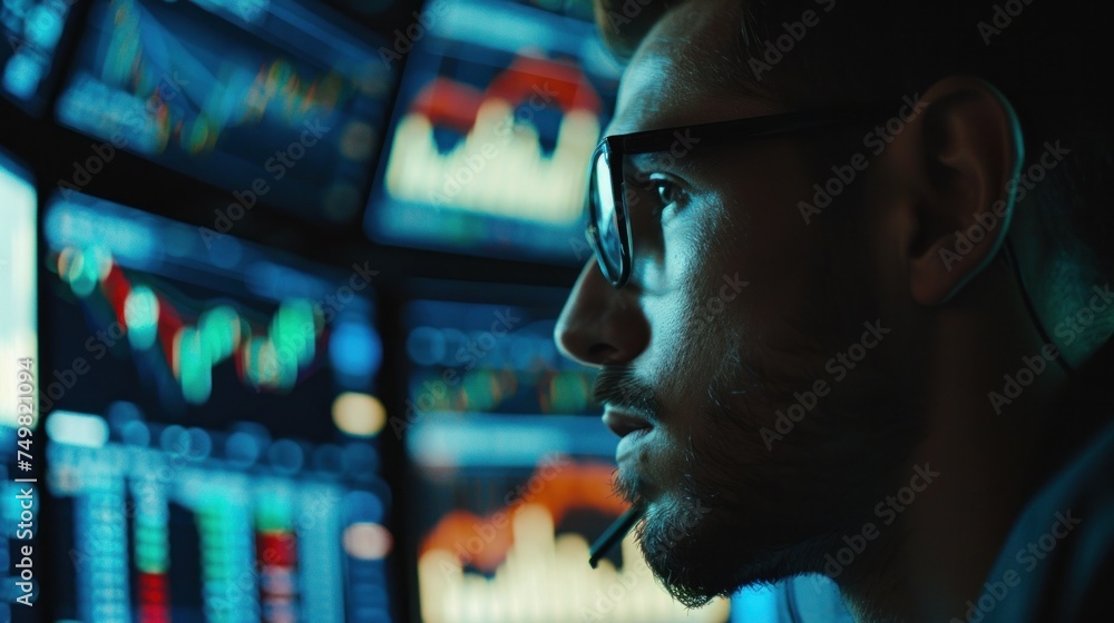 Poster focused young man analyzes financial data on multiple computer screens in modern office. concentrati