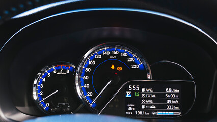 Car speed meter close-up with the speed driving electric car digital display screen. car digital...