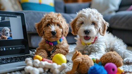Adorable puppies playing with colorful toys at home with laptop in background, highlighting modern pet-friendly workspace and joy of pets in everyday life. Domestic animal care and