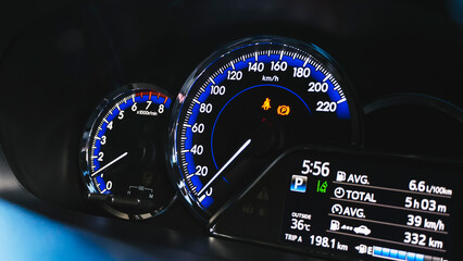 Car speed meter close-up with the speed driving electric car digital display screen. car digital...