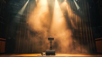 Illuminated empty stage with microphone and laptop during rehearsal in modern theater. Performance...