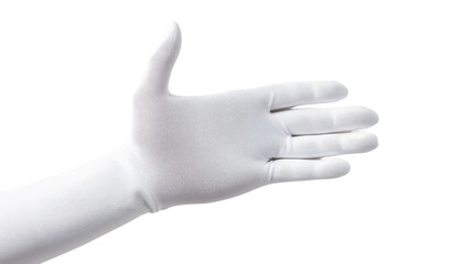 Human hand in white glove. A white glove with a visible thumb on it, laying on a flat surface. The thumb is slightly bent, showing the flexibility of the glove material.