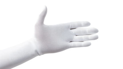 Human hand in white glove. A white glove with a visible thumb on it, laying on a flat surface. The thumb is slightly bent, showing the flexibility of the glove material.