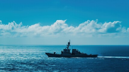Military naval ship sailing on vast blue ocean under clear sky, demonstrating maritime security and defense capabilities. Maritime defense and strategy.
