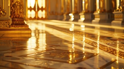 Fototapeta premium Sunlight streaming through windows of ornate hallway with intricate floor designs. interplay of light and shadows creates majestic atmosphere. Architectural elegance and historic 