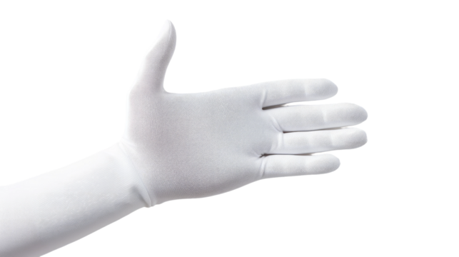 Human hand in white glove. A white glove with a visible thumb on it, laying on a flat surface. The thumb is slightly bent, showing the flexibility of the glove material.