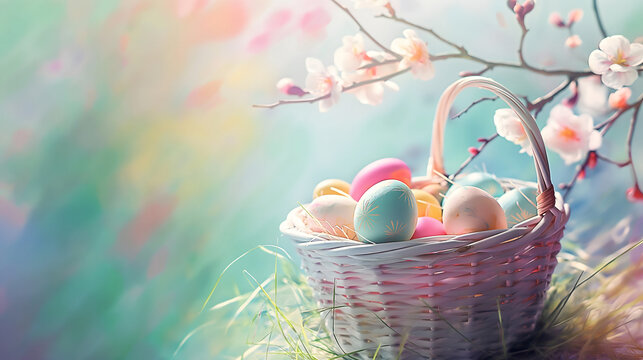 A pastel basket is full of colorful vivid Easter eggs with cute patterns on spring flowers and a colorful painting blurred background with blank space for text. Realistic style.