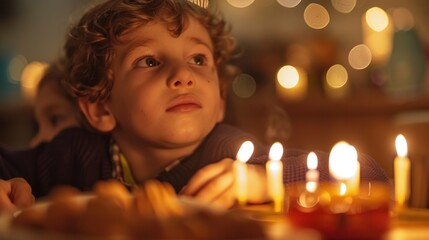 Child experiencing warmth of tradition by lighting candles during festive celebration. Capture of innocence and essence of family rituals.