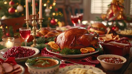 Traditional holiday dinner table set with roasted turkey centerpiece, surrounded by festive sides and candles. Seasonal celebration and gastronomy.
