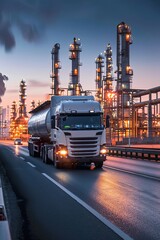  Transportation of oil and natural gas by truck. Oil Refinery factory and petrochemical plant. Petroleum industry. Bridging the gap between supply and demand.