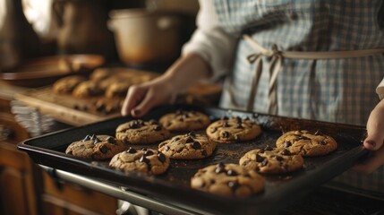 Woman baking chocolate chip cookies in rustic home kitchen. Fresh homemade pastries preparation for...