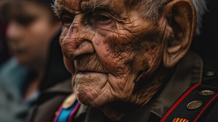 Elderly veteran with medals reflecting on past experiences during commemorative event, embodying honor and history. Respect for elderly and military service. - obrazy, fototapety, plakaty