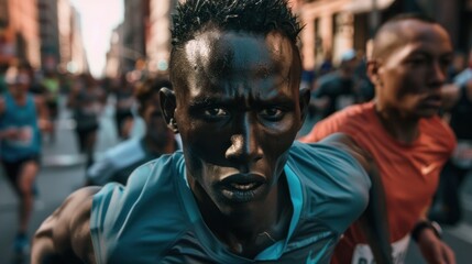 Fototapeta na wymiar Determined male athlete focused on victory during challenging urban marathon race. spirit of competition and endurance in sports.