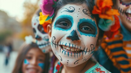 People celebrating Dia de Muertos with traditional makeup and costumes. Cultural festivity and heritage recognition with family and community. - obrazy, fototapety, plakaty