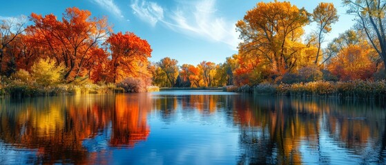 A serene pond surrounded by autumn trees, reflective beauty, space for text
