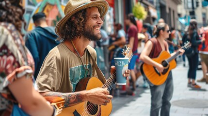 Street musicians playing acoustic guitar and singing in bustling city environment, sharing culture and art with pedestrians. Urban music scene and live performance. - obrazy, fototapety, plakaty