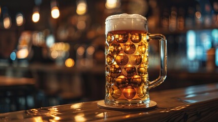 Frothy beer mug on polished bar counter with ambient warm light. Refreshment and brewery. - obrazy, fototapety, plakaty