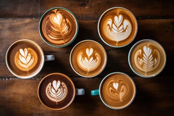 Top view, Multiple cups of coffee Coffee cups with latte art on wooden table, Coffee cups with latte art on wooden table, top view, Ai generated