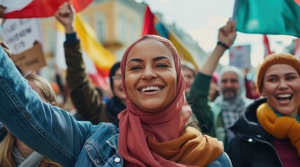 Smiling woman in hijab participating in unity march with diverse demonstrators in background. Empowerment and solidarity. - obrazy, fototapety, plakaty