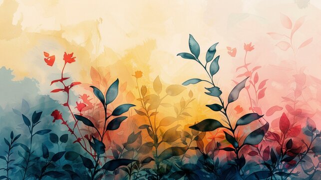 Abstract botanical silhouettes, lush watercolor garden background
